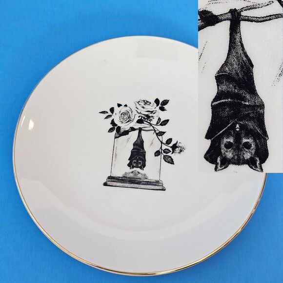 Halloween Hanging Bat Plate Spooky Gold Black White Floral Goth Gothic Cloche - Picture 1 of 5